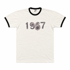White 1967 ringer tee with distressed black logo and bullet hole detail
