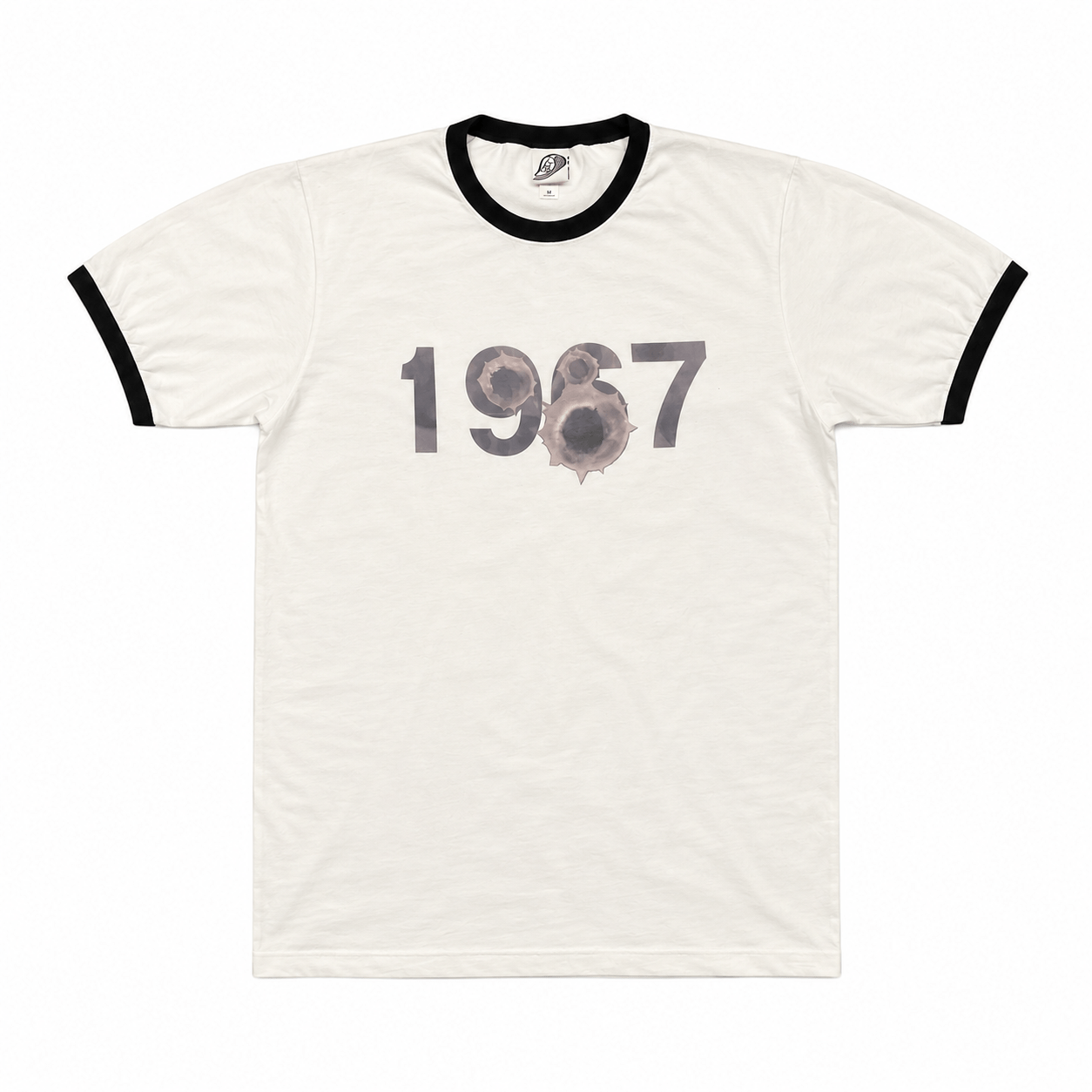 White 1967 ringer tee with distressed black logo and bullet hole detail