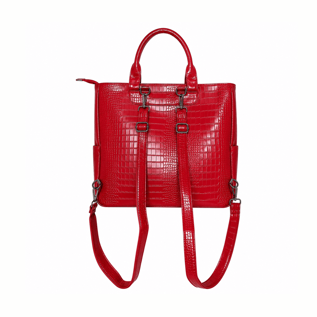 Red vegan alligator leather 3-in-1 utility bag back view with detachable backpack straps