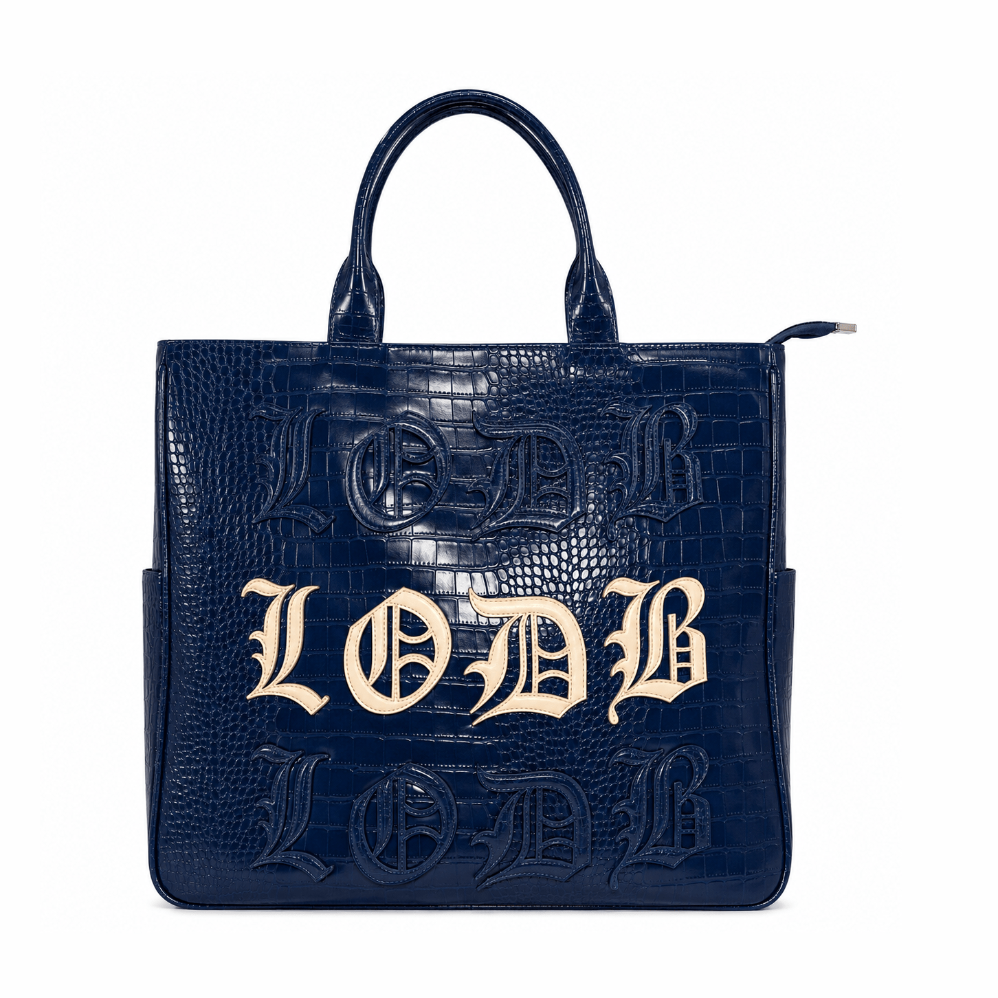 Navy blue crocodile textured utility bag with cream LODB Gothic lettering