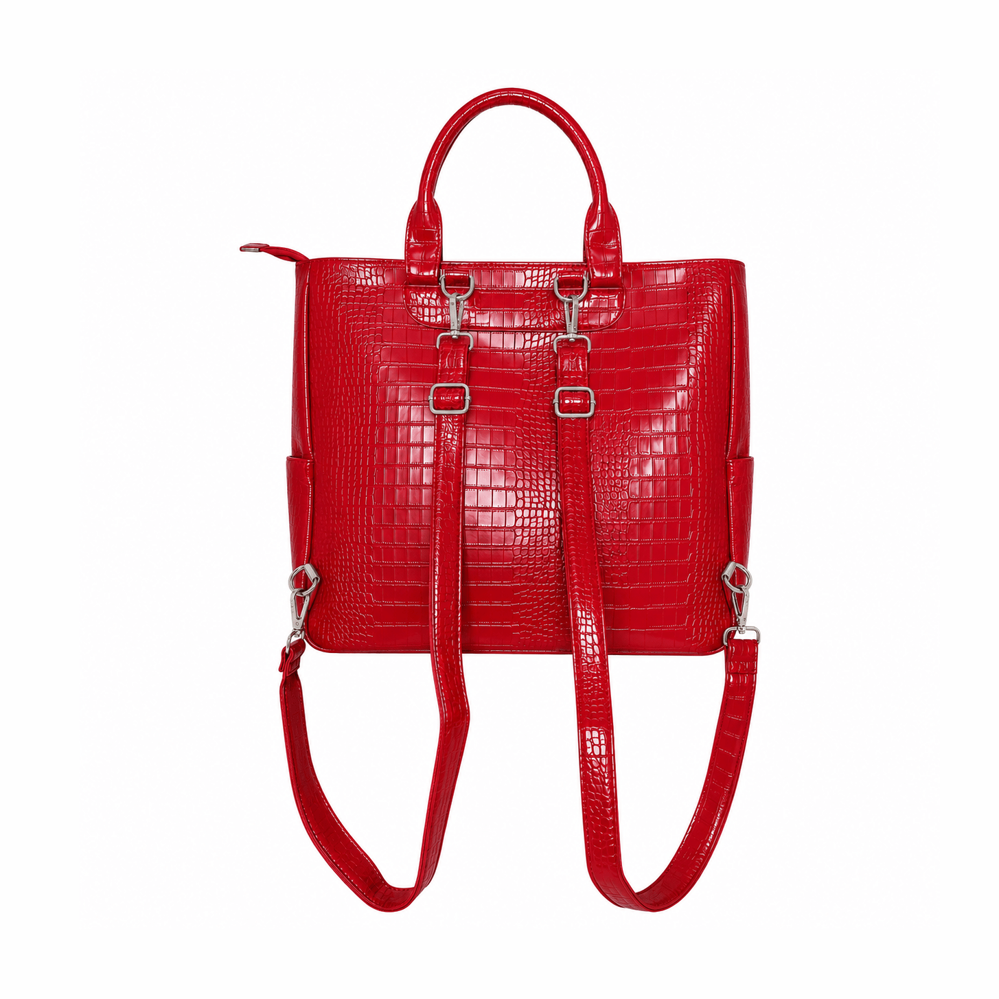 Red glossy alligator-texture 3-in-1 utility backpack convertible shoulder bag back view