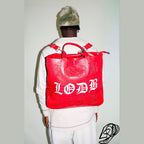 Red crocodile-texture utility backpack with adjustable straps and embossed white LODB logo