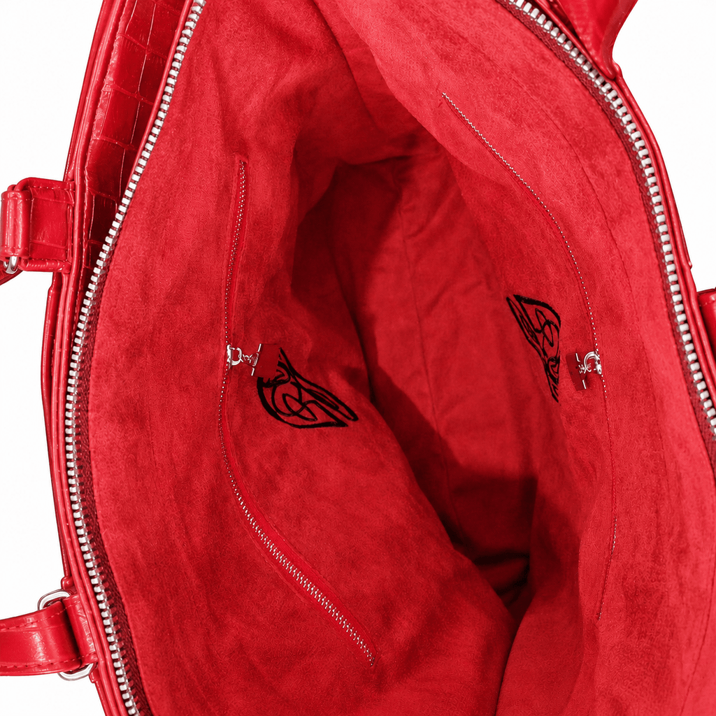 Red multi-functional tote bag interior showing dual zip pockets and embroidered logo