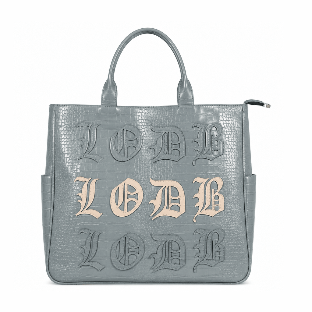 Light gray vegan alligator 3-in-1 utility bag with beige stitched LODB logo