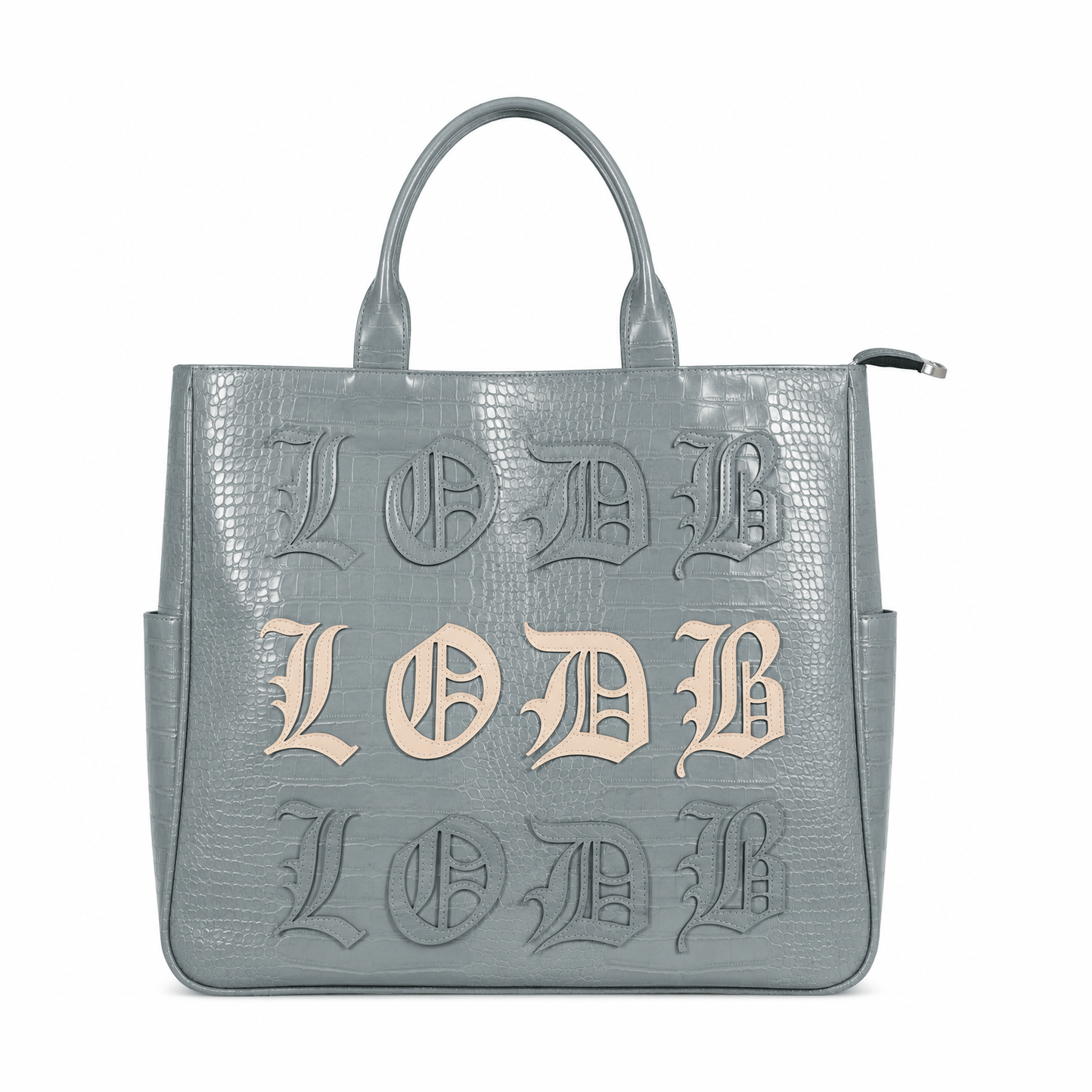 Light gray vegan alligator 3-in-1 utility bag with beige stitched LODB logo