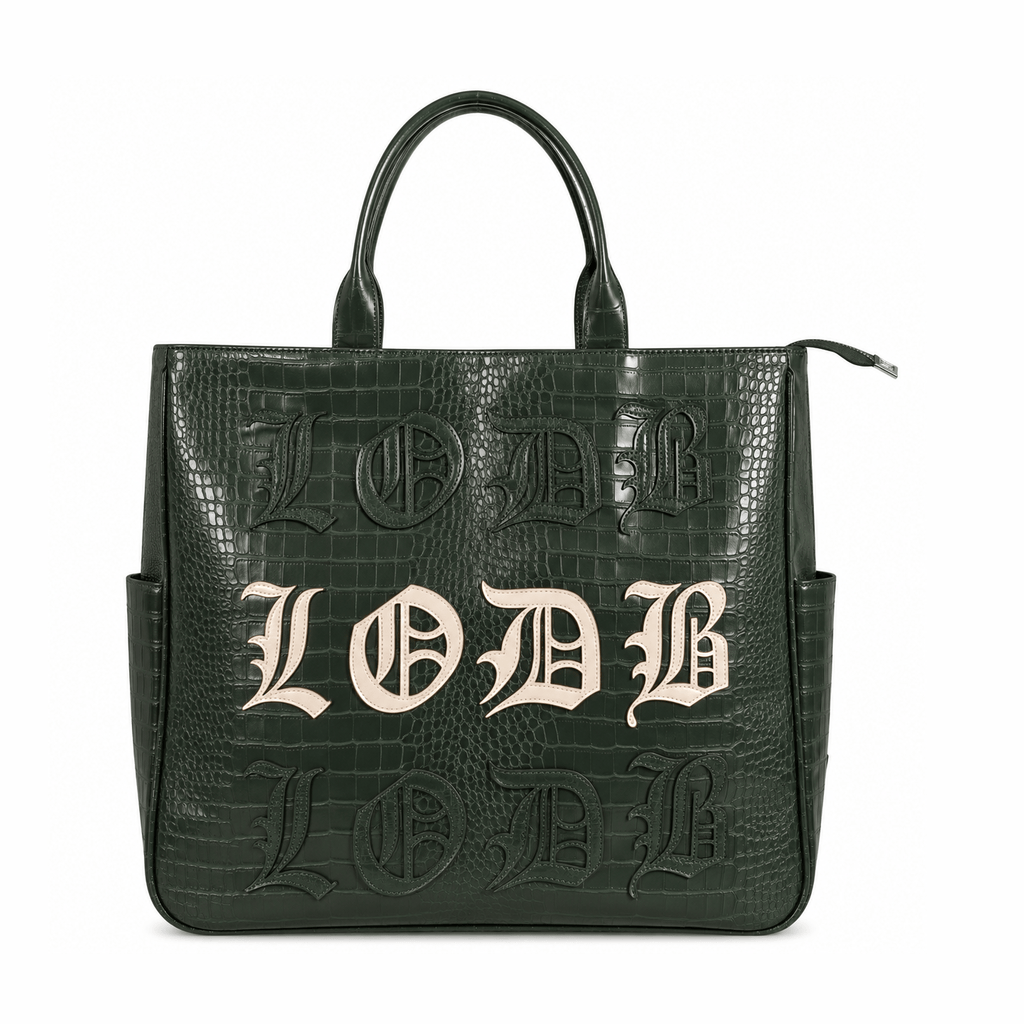 Dark green glossy alligator-textured 3-in-1 utility bag with beige LODB lettering