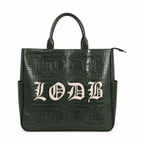 Dark green glossy alligator-textured 3-in-1 utility bag with beige LODB lettering