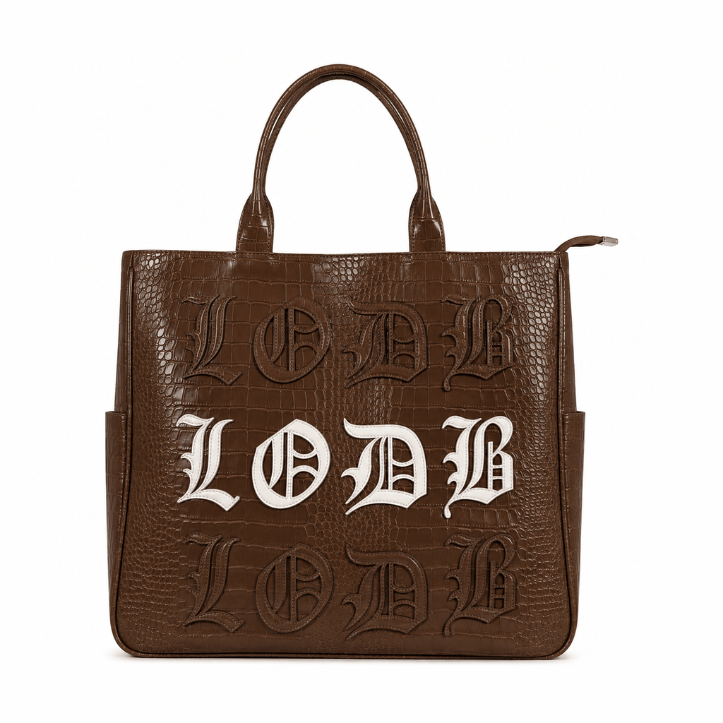 Brown alligator-textured 3-in-1 utility bag with white raised LODB lettering