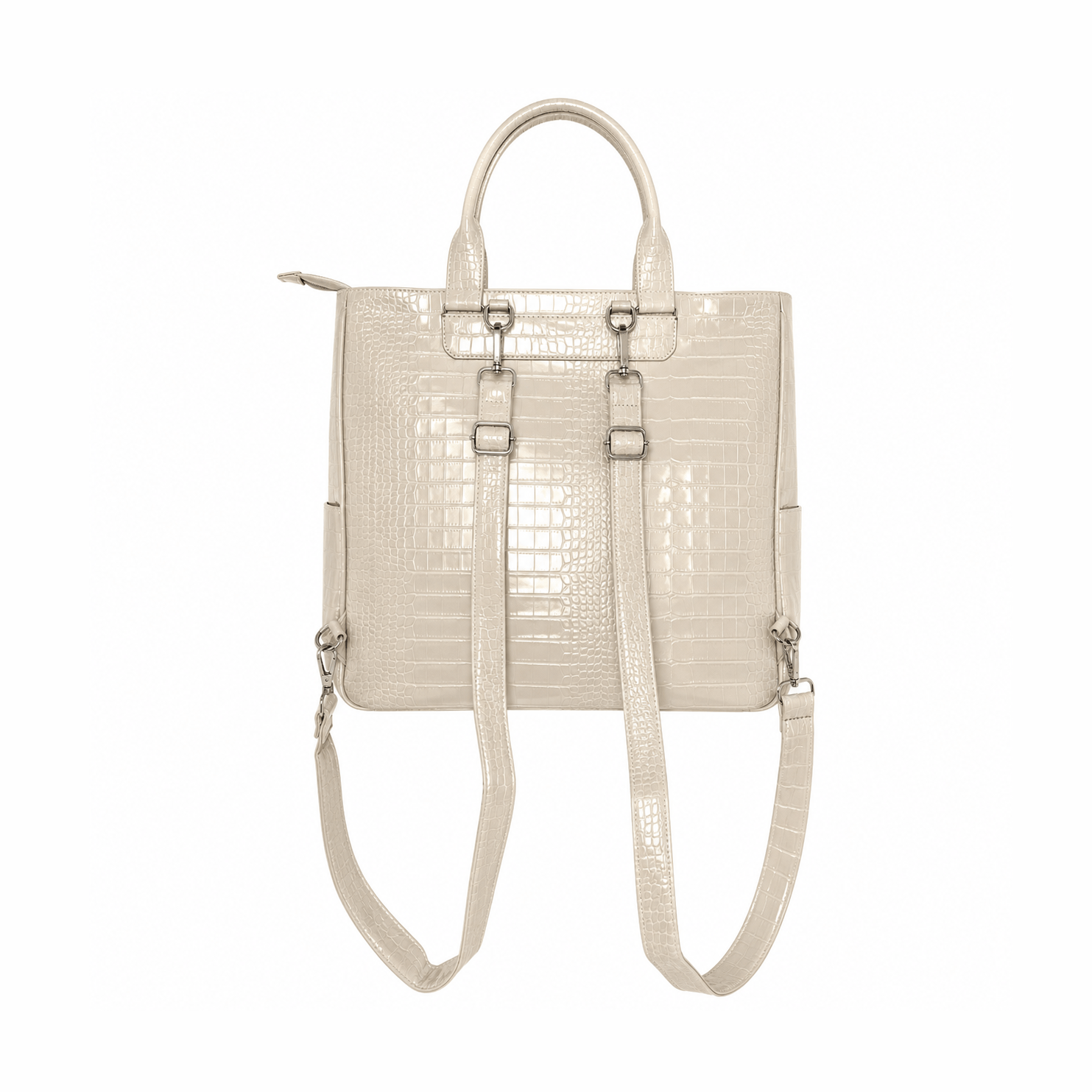Beige vegan alligator leather 3-in-1 utility bag back view with straps