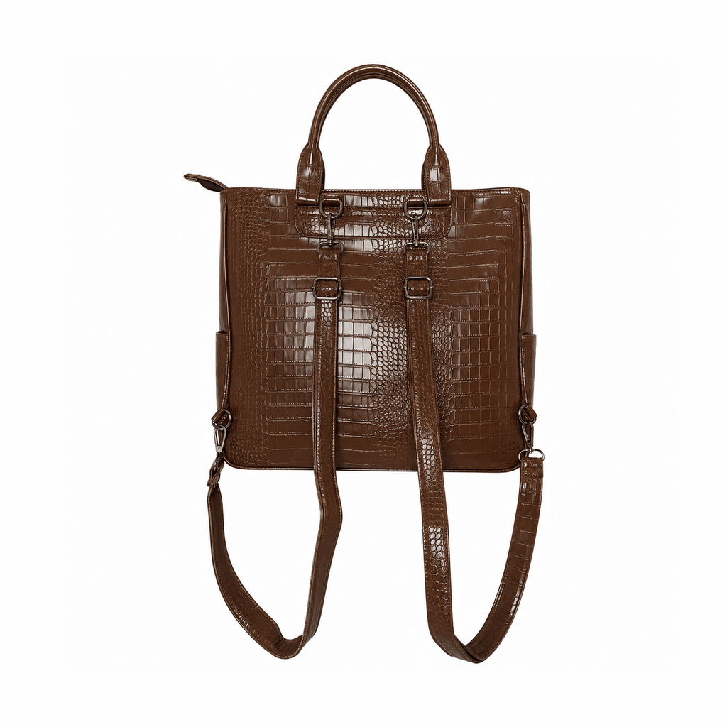 Brown vegan alligator leather 3-in-1 utility bag with backpack straps and side pocket
