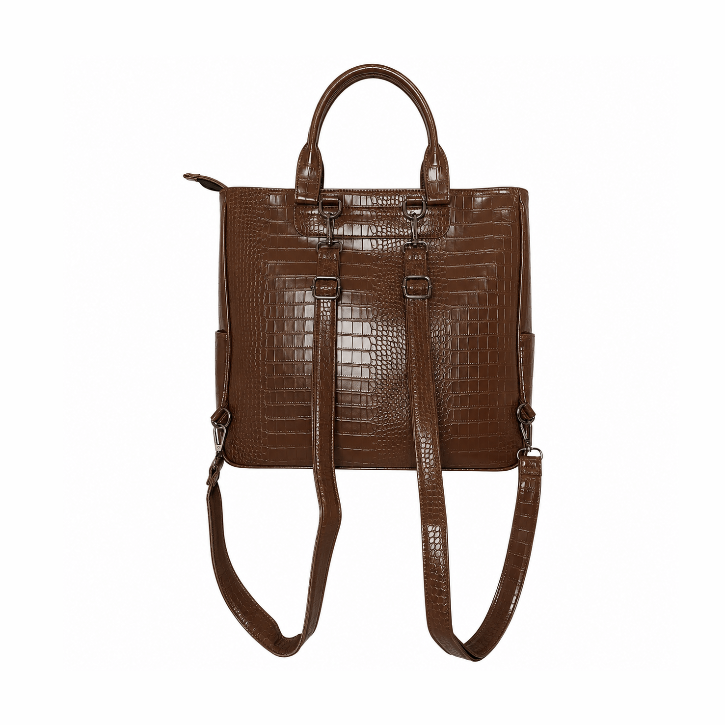 Brown vegan alligator leather 3-in-1 utility bag with backpack straps and side pocket