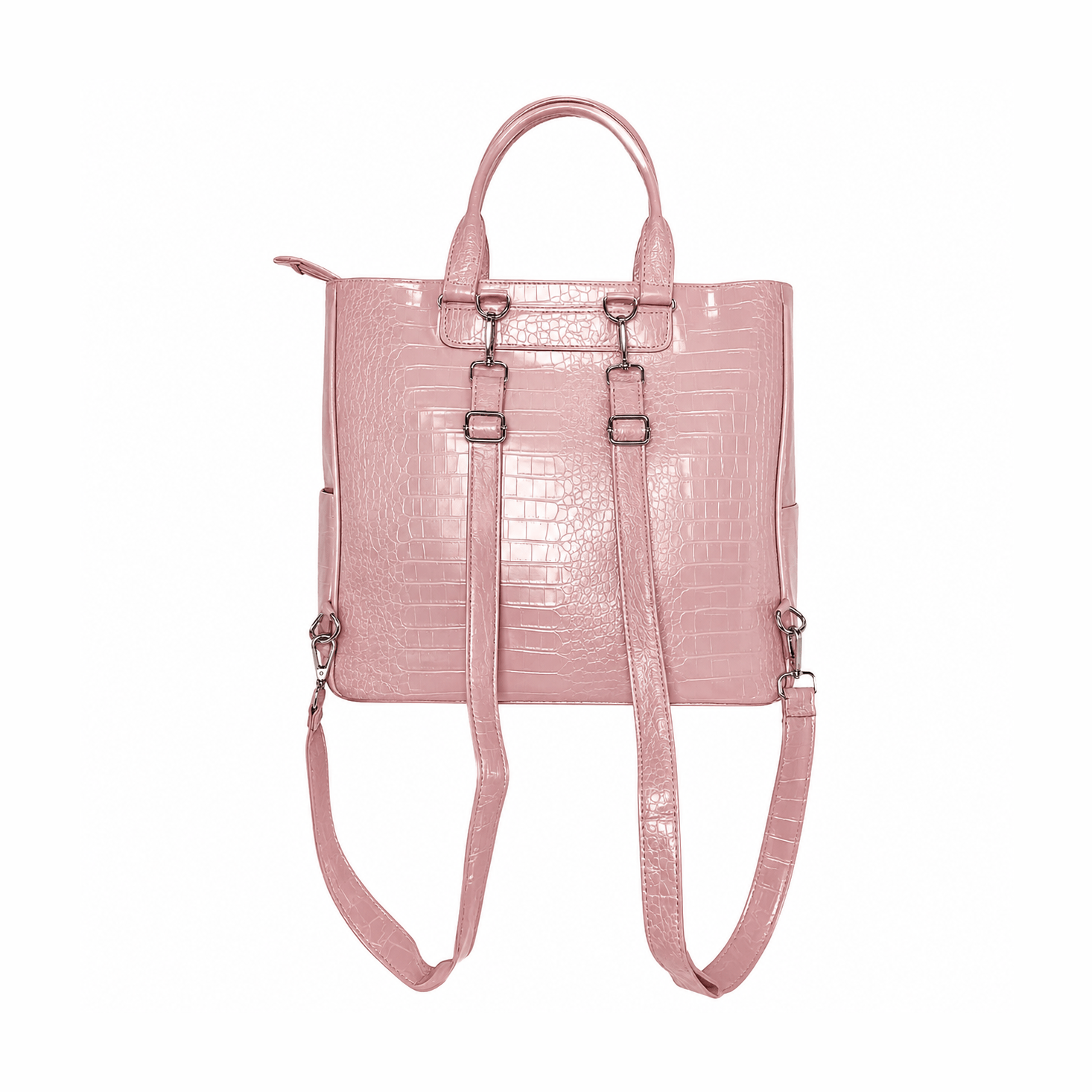 Pink vegan alligator leather 3-in-1 utility bag back view with detachable straps