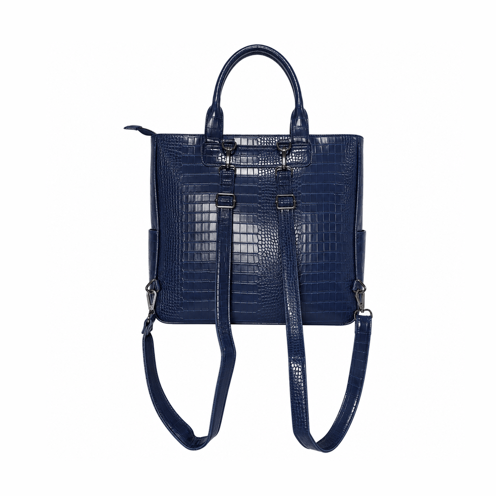 Navy blue vegan alligator leather utility bag back view with adjustable shoulder straps