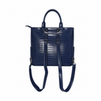 Navy blue vegan alligator leather utility bag back view with adjustable shoulder straps