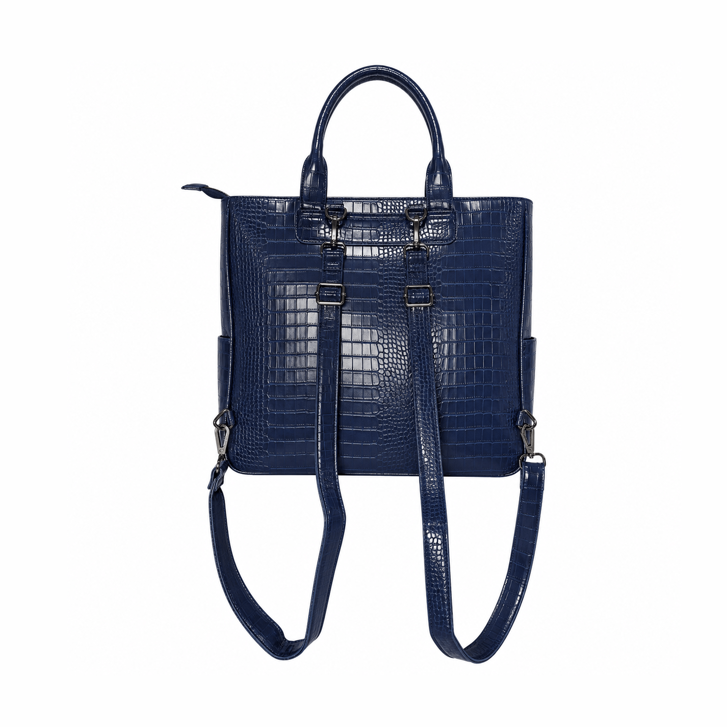 Navy blue vegan alligator leather utility bag back view with adjustable shoulder straps