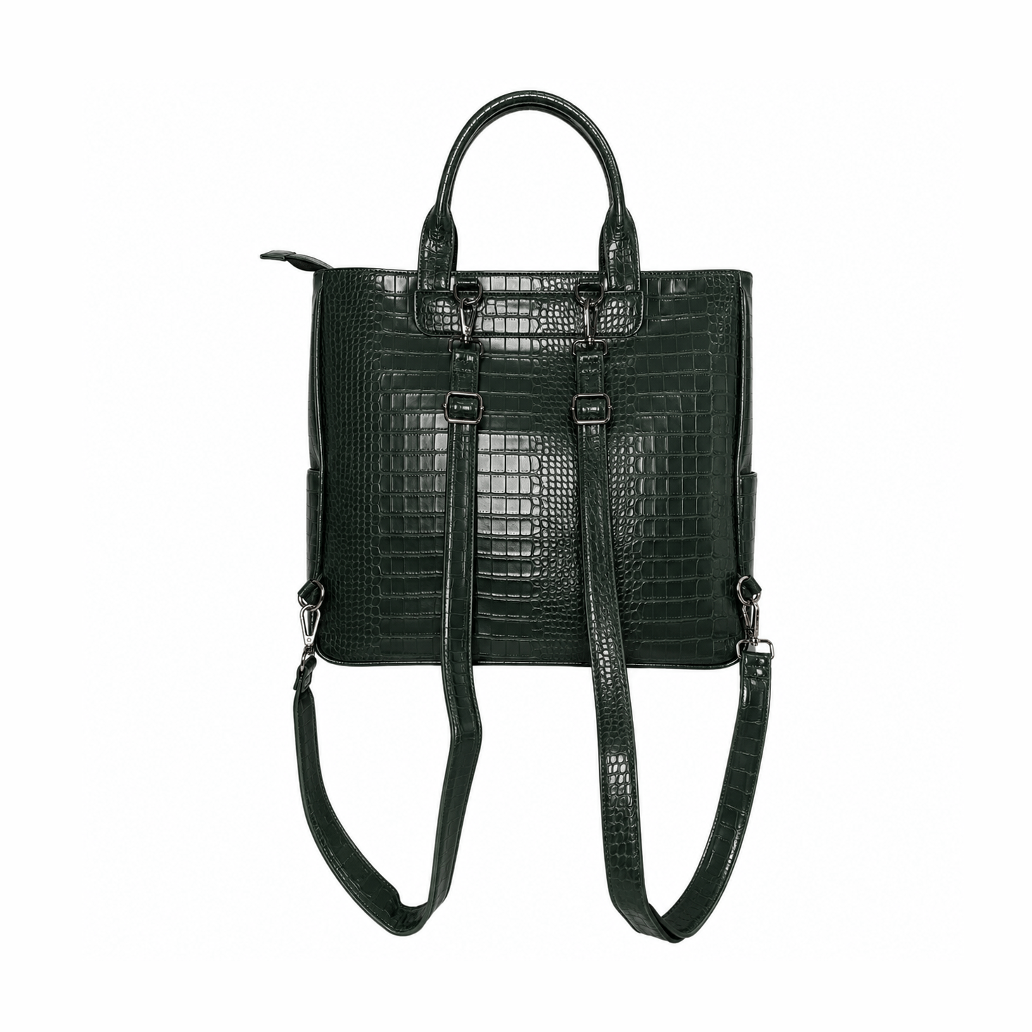 Dark green vegan alligator leather 3-in-1 utility bag back view with backpack straps