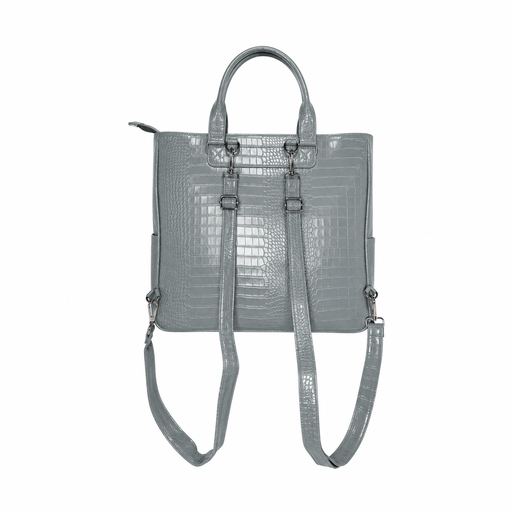 Gray adjustable strap utility bag back view with silver hardware
