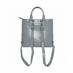 Gray adjustable strap utility bag back view with silver hardware