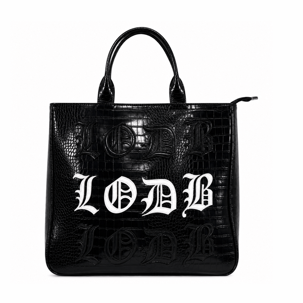 Black crocodile texture tote bag with white center LODB lettering and zipper