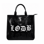 Black crocodile texture tote bag with white center LODB lettering and zipper