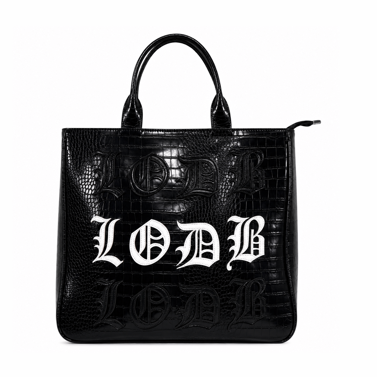 Black crocodile texture tote bag with white center LODB lettering and zipper