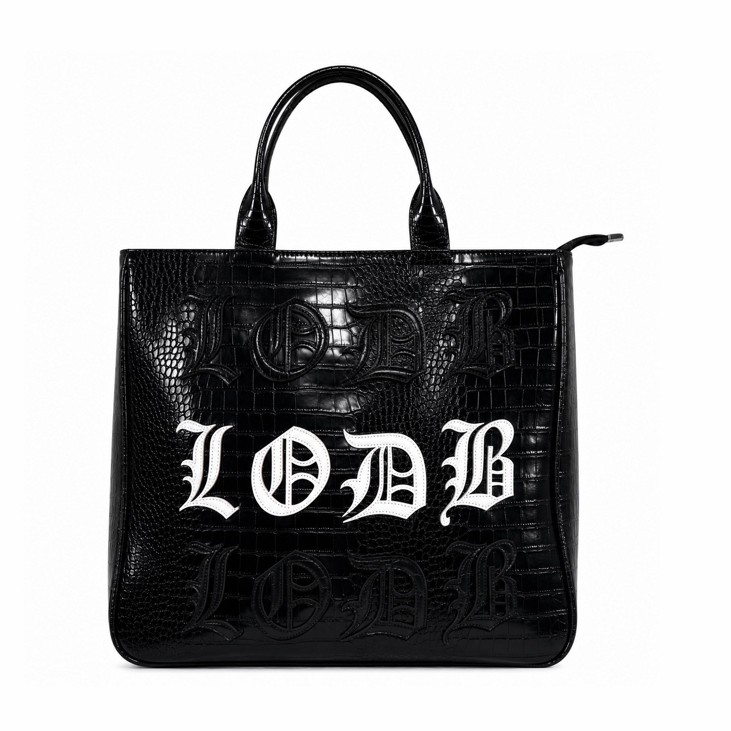 Black Lodbxgarments 3-in-1 utility bag front view with white appliqué lettering
