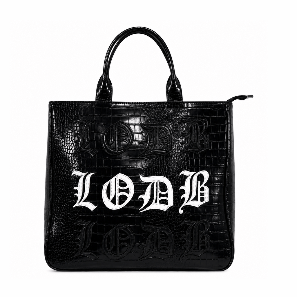 Black vegan alligator leather 3-in-1 utility bag with gothic LODB logo
