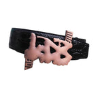 Black vegan alligator leather belt with copper sculptural buckle and Adinkra engraving