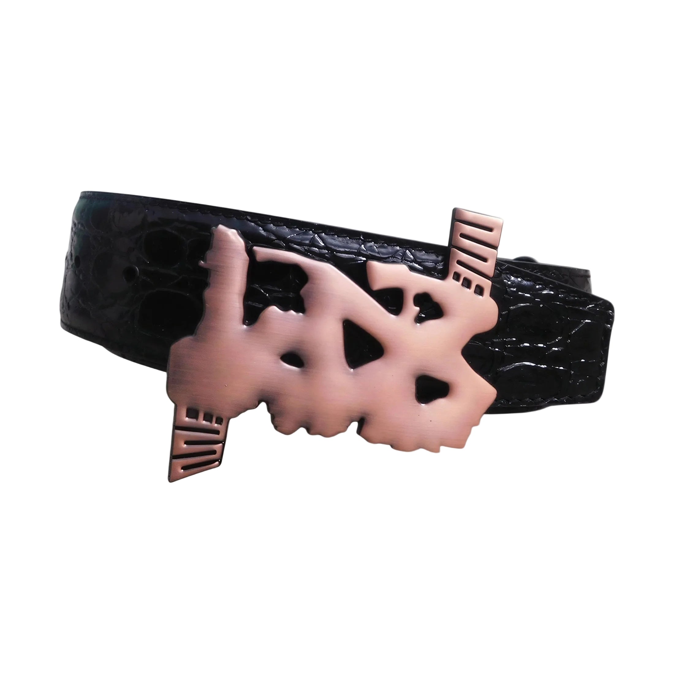 Black vegan alligator leather belt with copper sculptural buckle and Adinkra engraving