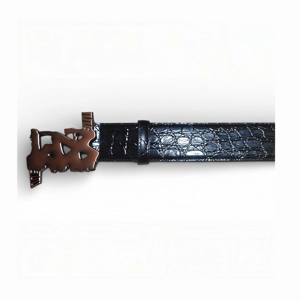 Close-up of black snakeskin finish belt showing copper-toned abstract buckle detail