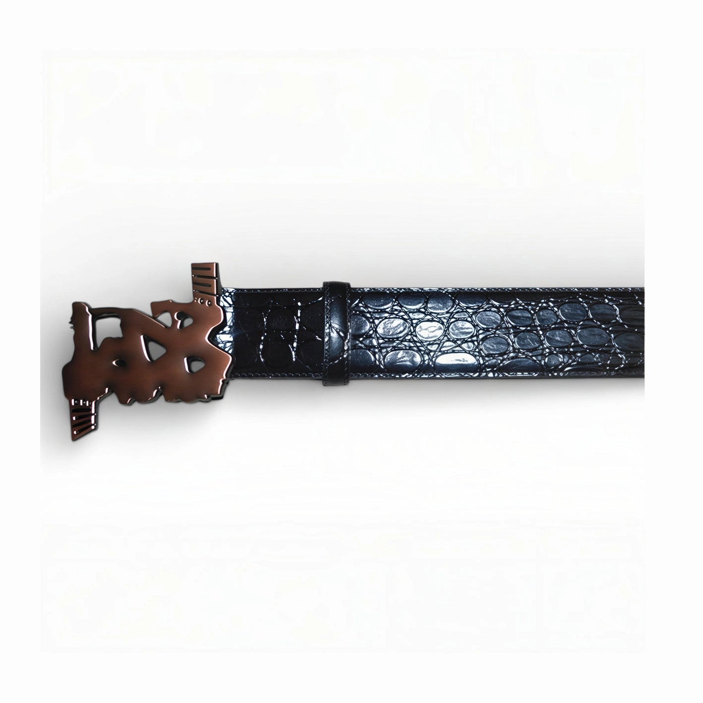 Close-up of black snakeskin finish belt showing copper-toned abstract buckle detail