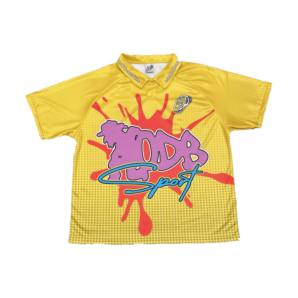 Yellow LODB Palm Jersey front featuring purple LODB text and blue Sport script over red splatter