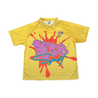 Yellow LODB Palm Jersey front featuring purple LODB text and blue Sport script over red splatter