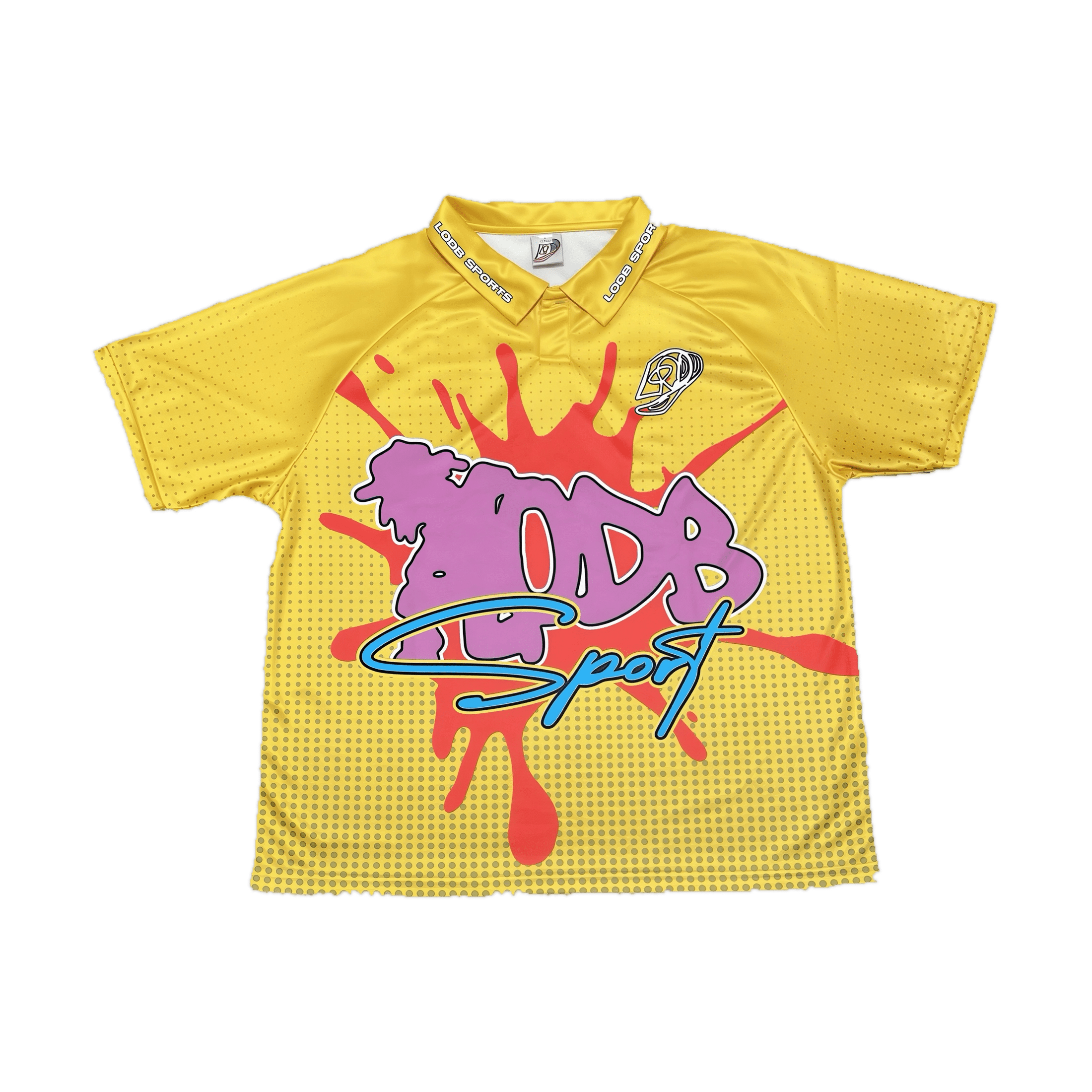Yellow LODB Palm Jersey front featuring purple LODB text and blue Sport script over red splatter