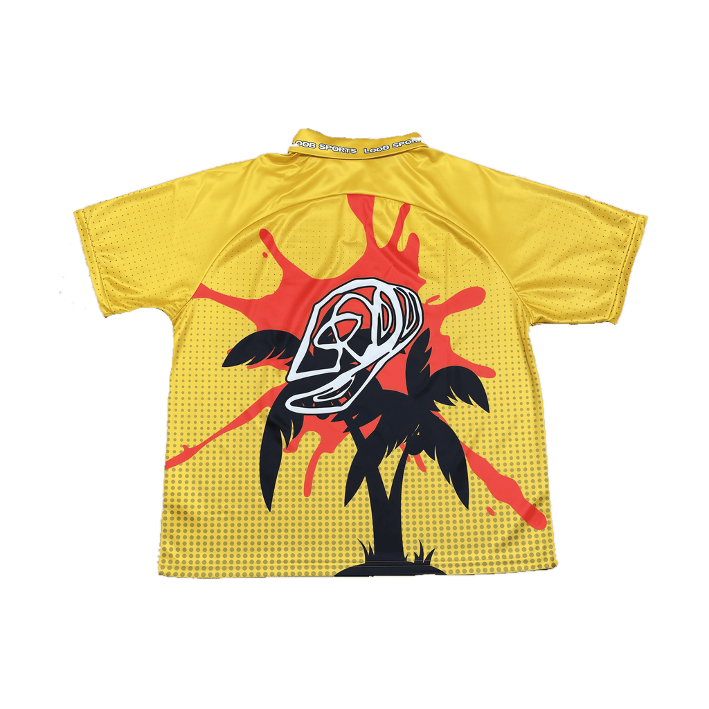 Yellow LODB Palm Jersey back with black palm tree and red splatter graphic