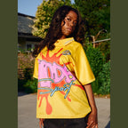 LODB Palm yellow soccer jersey with pink orange splatter graphic and breathable mesh texture