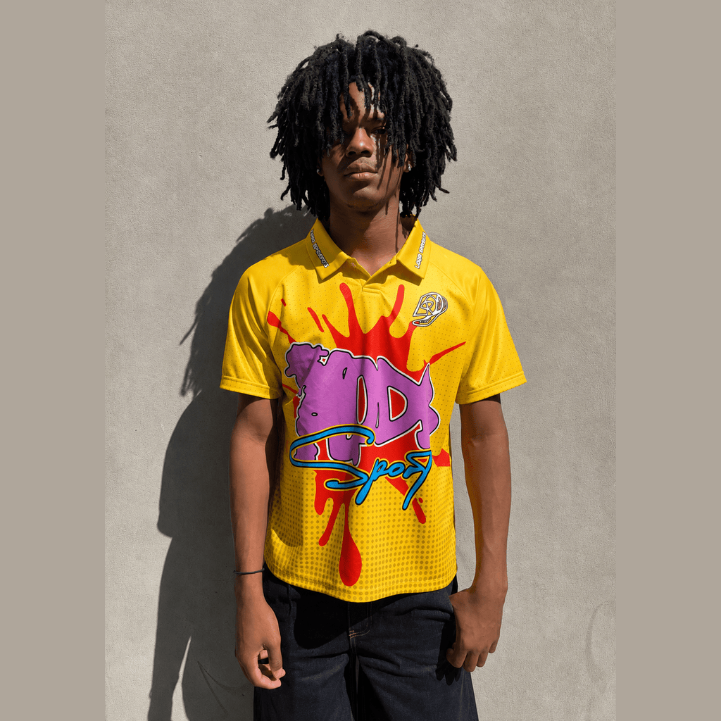 Yellow LODB PALM jersey with purple Sport graphic and red paint splatter on performance fabric