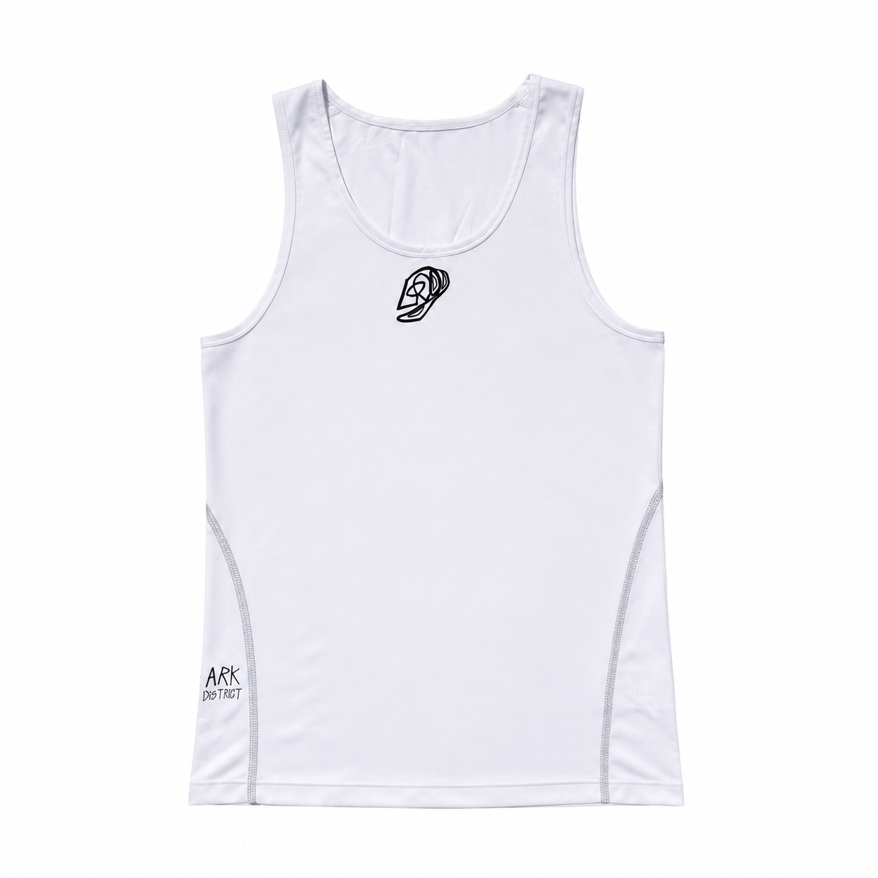 White LODB Renaissance athletic tank with DTF graphic, scoop neck and side seam text
