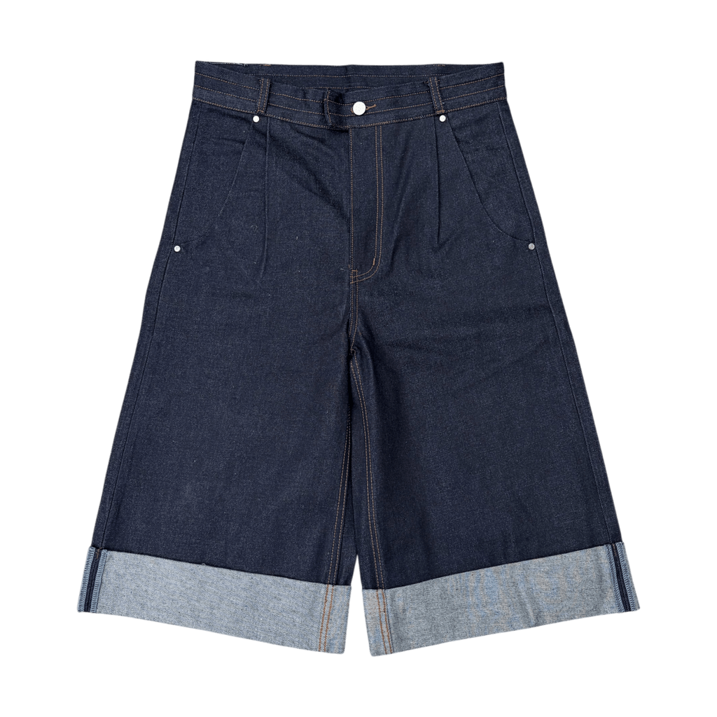 LODB drop-crotch raw denim shorts on model with bell-bottom hem