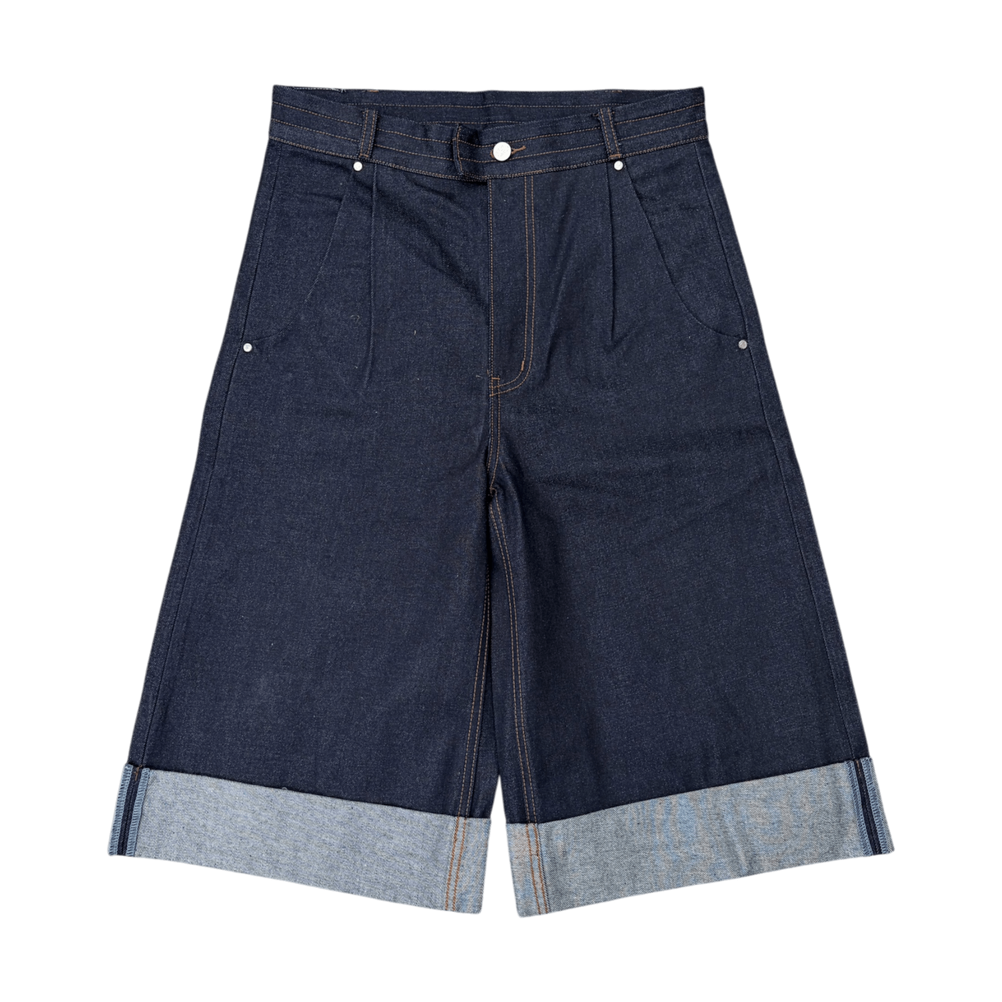 LODB drop-crotch raw denim shorts on model with bell-bottom hem
