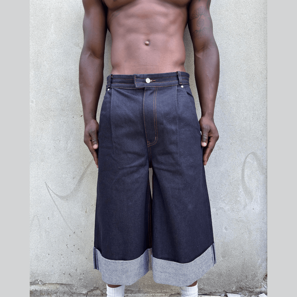 LODB Raw Denim wide-leg cropped pants dark indigo with raw edge finish and orange stitching