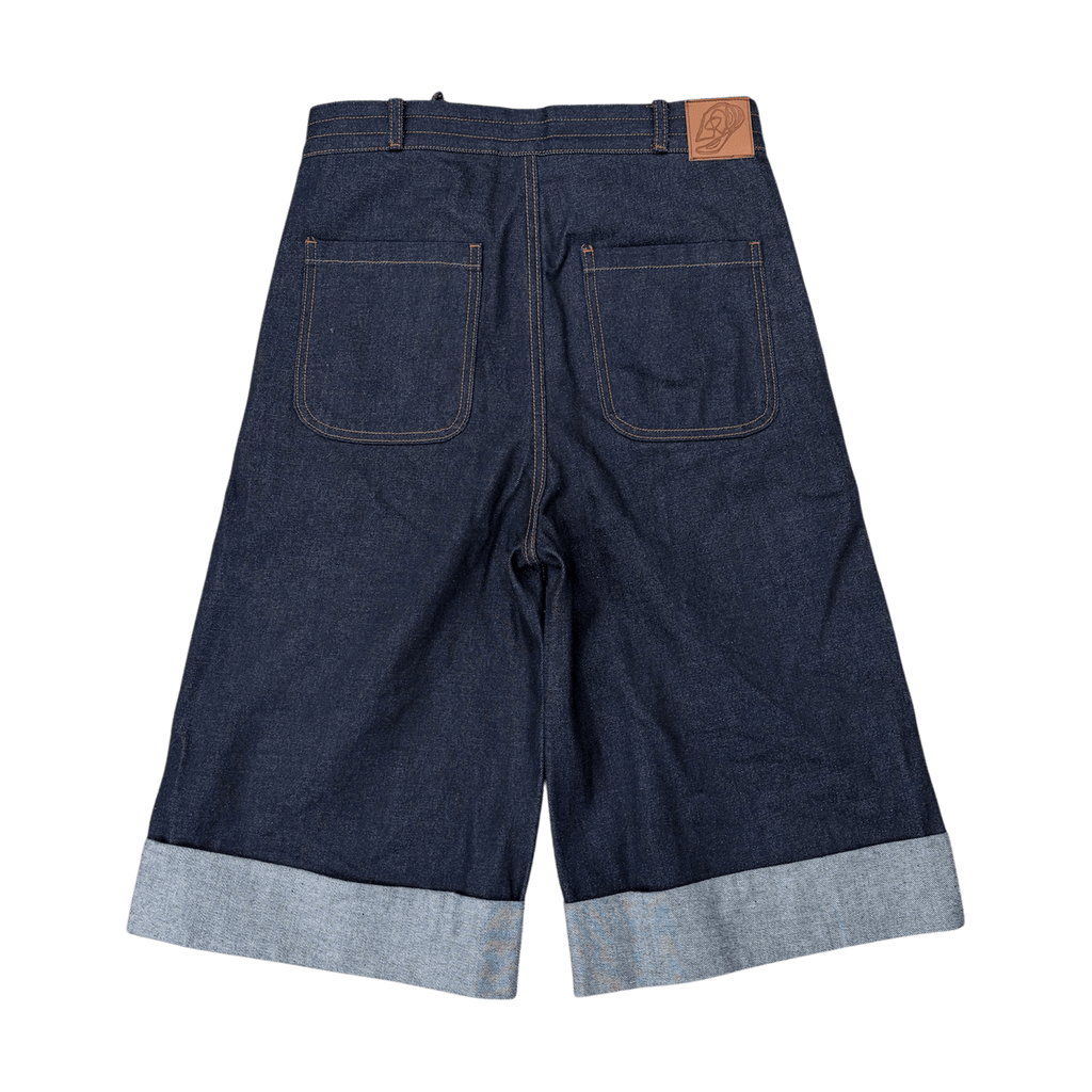 LODB raw denim shorts back view with selvedge edge and orange stitching