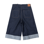 LODB raw denim shorts back view with selvedge edge and orange stitching