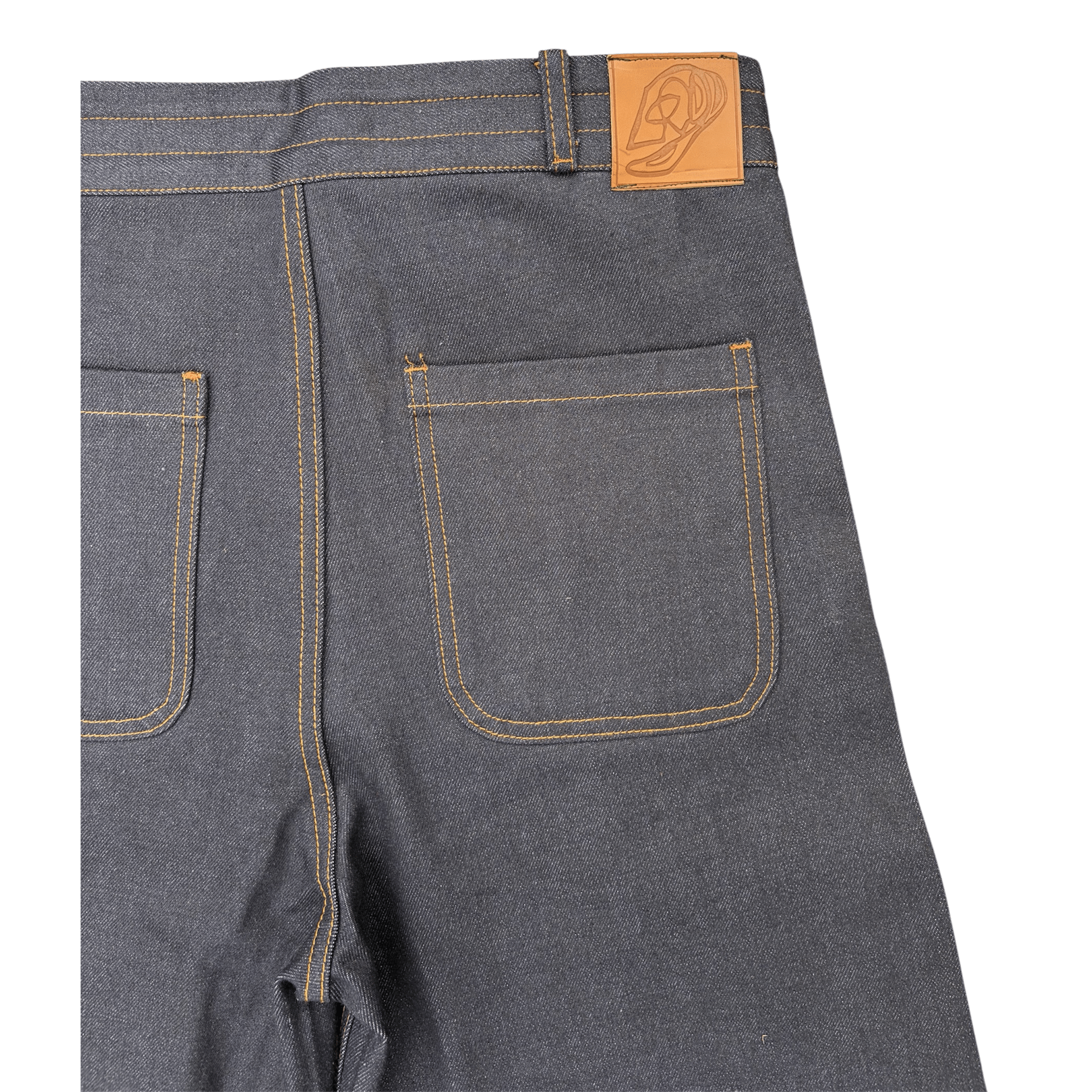 LODB raw denim shorts leather tag detail and twill texture close-up