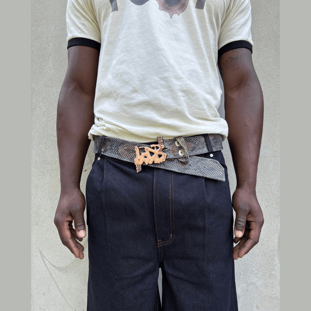 LODB snakeskin belt with copper buckle on model